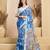 blue lilen print work designer party wear festive 1 minute ready to wear saree with unstitched blouse piece