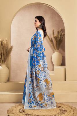 blue lilen print 1 minute ready to wear saree with unstitched blouse piece 3