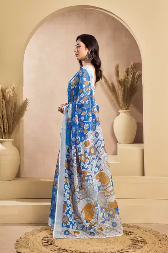 blue lilen print 1 minute ready to wear saree with unstitched blouse piece