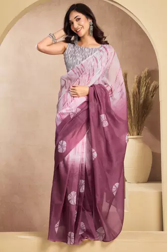 white lilen print 1 minute ready to wear saree with unstitched blouse piece