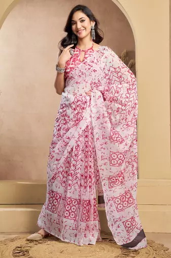 white pink lilen print 1 minute ready to wear saree with unstitched blouse piece