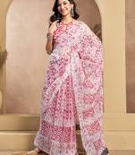 white pink lilen print 1 minute ready to wear saree with unstitched blouse piece