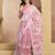 white pink lilen print work designer party wear festive 1 minute ready to wear saree with unstitched blouse piece