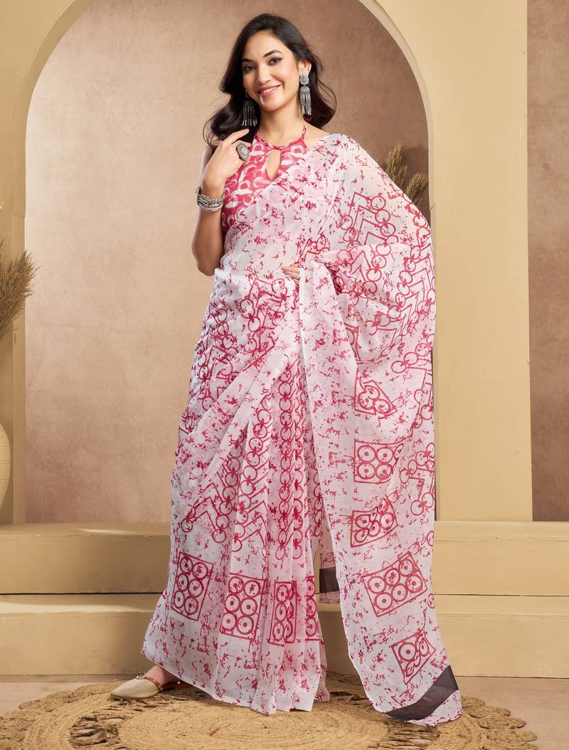 white pink lilen print work designer party wear festive 1 minute ready to wear saree with unstitched blouse piece