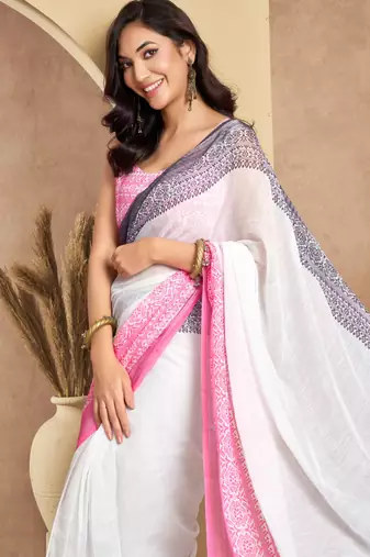 pink black lilen print work designer party wear festive 1 minute ready to wear saree with unstitched blouse piece