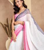 pink black lilen print 1 minute ready to wear saree with unstitched blouse piece