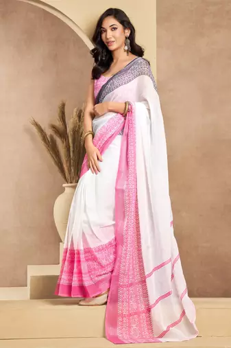 pink black lilen print 1 minute ready to wear saree with unstitched blouse piece