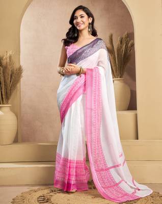 pink black lilen print 1 minute ready to wear saree with unstitched blouse piece 3