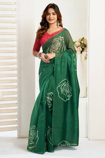 green lilen print 1 minute ready to wear saree with unstitched blouse piece