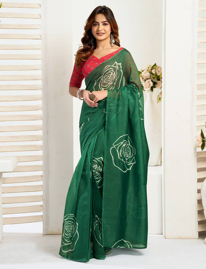 green  lilen print work designer party wear festive 1 minute ready to wear saree with unstitched blouse piece