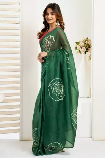 green lilen print 1 minute ready to wear saree with unstitched blouse piece