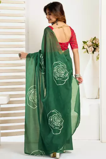 green lilen print 1 minute ready to wear saree with unstitched blouse piece