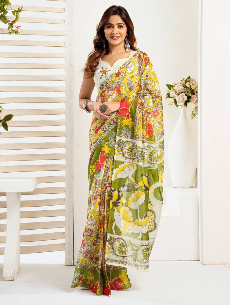 multy color lilen print work designer party wear festive 1 minute ready to wear saree with unstitched blouse piece