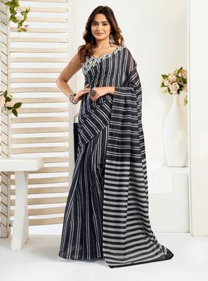black lilen print 1 minute ready to wear saree with unstitched blouse piece 1