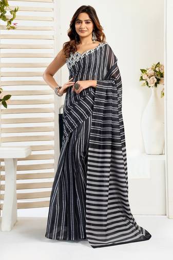 black lilen print 1 minute ready to wear saree with unstitched blouse piece