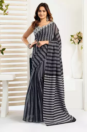 black lilen print 1 minute ready to wear saree with unstitched blouse piece