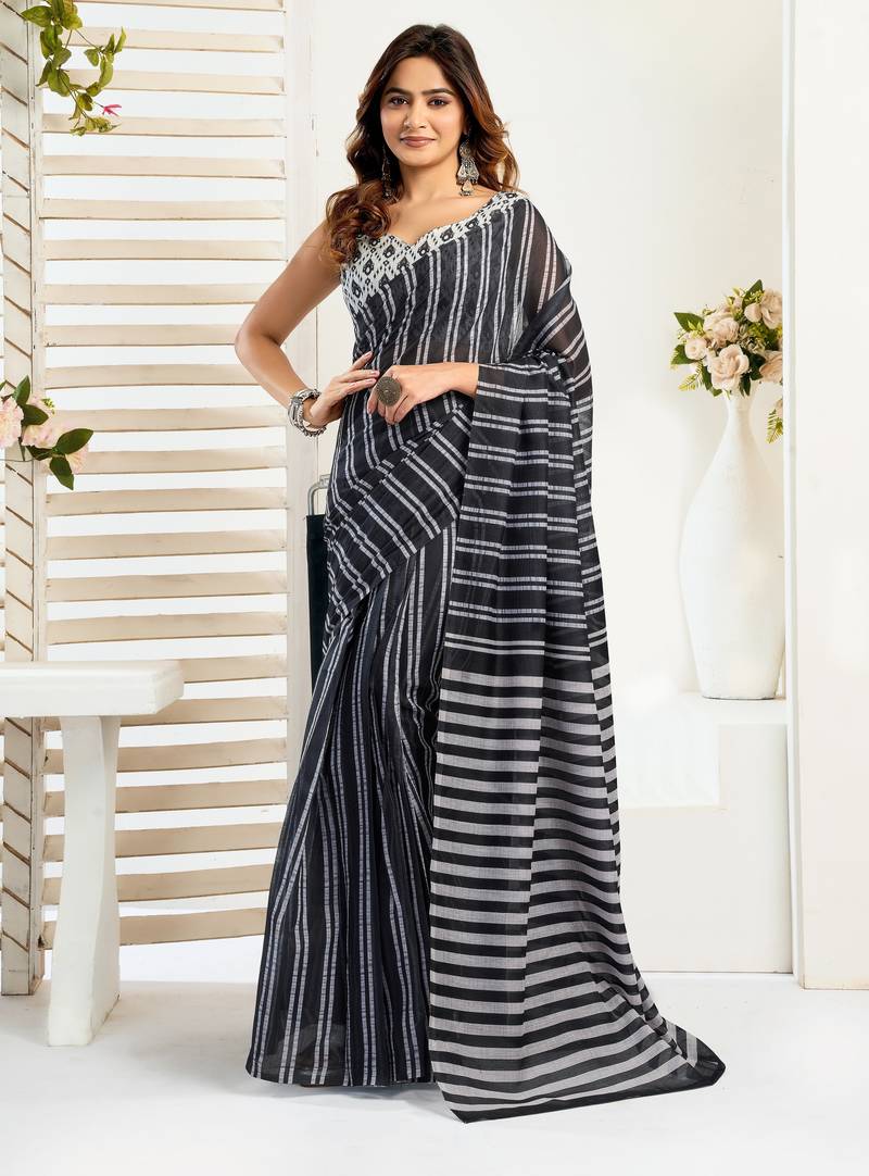 black lilen print work designer party wear festive 1 minute ready to wear saree with unstitched blouse piece