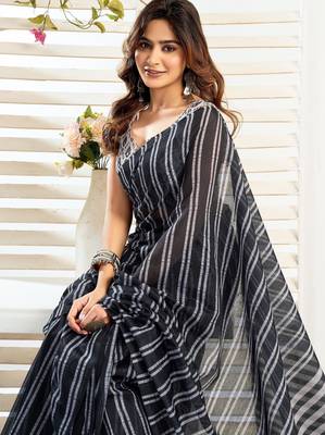 black lilen print 1 minute ready to wear saree with unstitched blouse piece 2