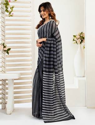 black lilen print 1 minute ready to wear saree with unstitched blouse piece 3