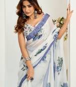 white lilen print 1 minute ready to wear saree with unstitched blouse piece