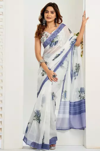 white lilen print 1 minute ready to wear saree with unstitched blouse piece
