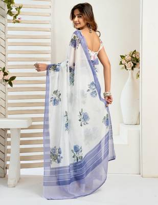 white lilen print 1 minute ready to wear saree with unstitched blouse piece 4