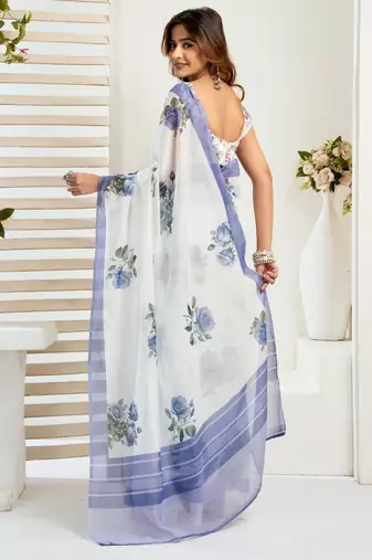 white lilen print 1 minute ready to wear saree with unstitched blouse piece