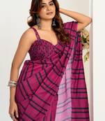 purple lilen print 1 minute ready to wear saree with unstitched blouse piece