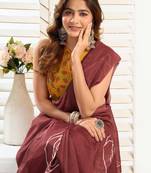 brown yellow lilen print 1 minute ready to wear saree with unstitched blouse piece
