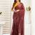 brown yellow lilen print work designer party wear festive 1 minute ready to wear saree with unstitched blouse piece