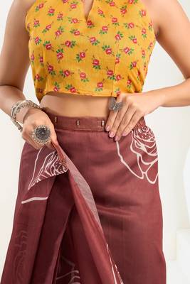 brown yellow lilen print 1 minute ready to wear saree with unstitched blouse piece 4