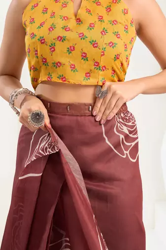 brown yellow lilen print 1 minute ready to wear saree with unstitched blouse piece