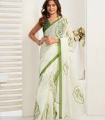 white green lilen print 1 minute ready to wear saree with unstitched blouse piece