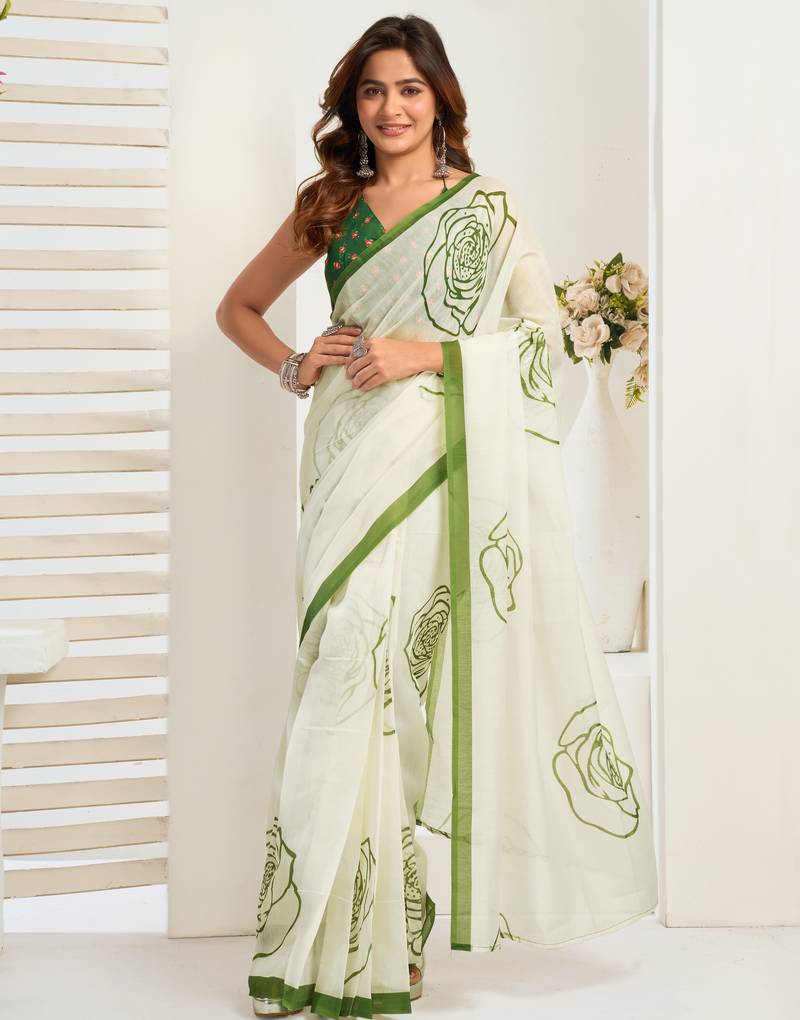 white green lilen print work designer party wear festive 1 minute ready to wear saree with unstitched blouse piece
