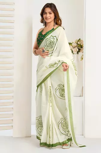 white green lilen print 1 minute ready to wear saree with unstitched blouse piece