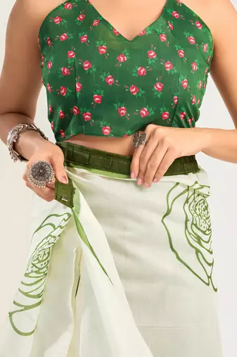white green lilen print 1 minute ready to wear saree with unstitched blouse piece