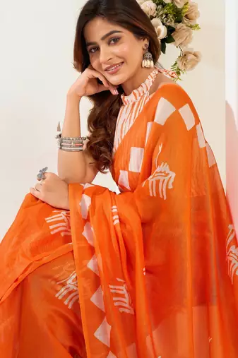 white orange lilen print 1 minute ready to wear saree with unstitched blouse piece