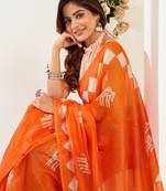white orange lilen print 1 minute ready to wear saree with unstitched blouse piece