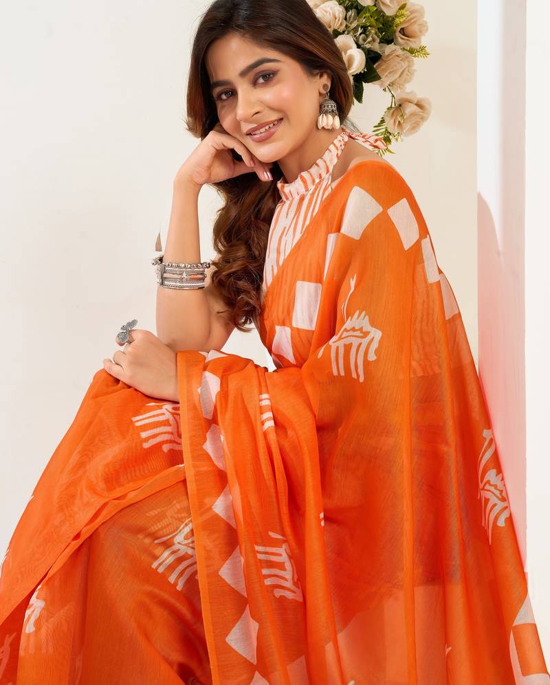 white orange lilen print work designer party wear festive 1 minute ready to wear saree with unstitched blouse piece