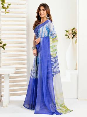 blue yellow lilen print 1 minute ready to wear saree with unstitched blouse piece 3