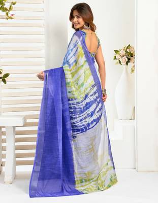 blue yellow lilen print 1 minute ready to wear saree with unstitched blouse piece 4