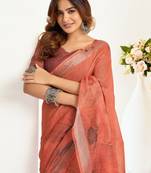 rust lilen print 1 minute ready to wear saree with unstitched blouse piece