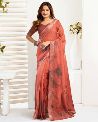 rust lilen print 1 minute ready to wear saree with unstitched blouse piece 2