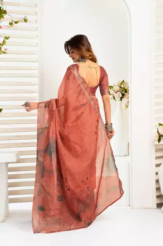 rust lilen print 1 minute ready to wear saree with unstitched blouse piece
