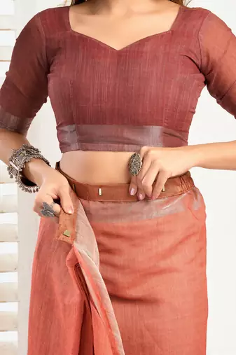 rust lilen print 1 minute ready to wear saree with unstitched blouse piece