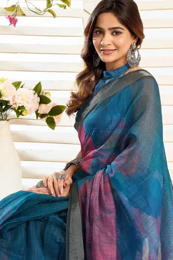 rama lilen print work designer party wear festive 1 minute ready to wear saree with unstitched blouse piece