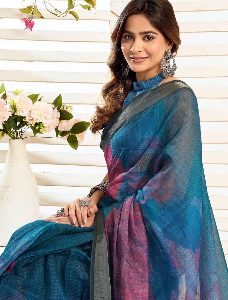rama lilen print work designer party wear festive 1 minute ready to wear saree with unstitched blouse piece