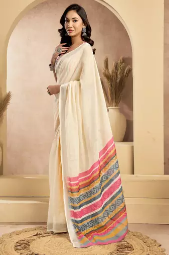 off white lilen print 1 minute ready to wear saree with unstitched blouse piece