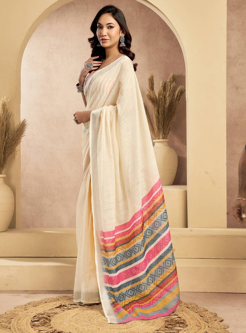 off white lilen print work designer party wear festive 1 minute ready to wear saree with unstitched blouse piece