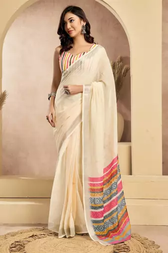 off white lilen print 1 minute ready to wear saree with unstitched blouse piece